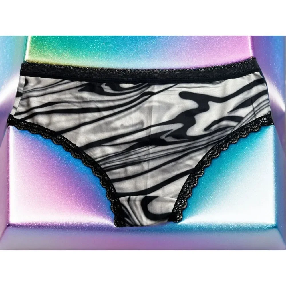 New Bikini Brief Lace Accent Black White Abstract Small Panties Underwear NWOT